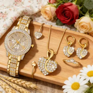 LP32 Fashion Watch Lady Jewelry Set Gold Silver Rose Gold Bling Rhinestone Necklace Bracelet Rings Earrings Five Piece Set