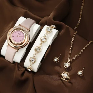 LP47 Ladies 5-Piece Quartz Watch, Necklace, Earrings, Bracelet and Ring Jewelry Set for Women