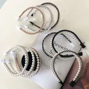 LRTOU New Design Women Fashion Hairband Hair Accessories Stylish Double Layer Rhinestone Pearl Hair Band Headbands