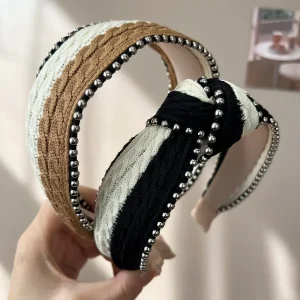 LRTOU Women Fashion Wide Headband Knitted Hairband Bead Knotted Patchwork Vintage Style Hair Accessories for Women