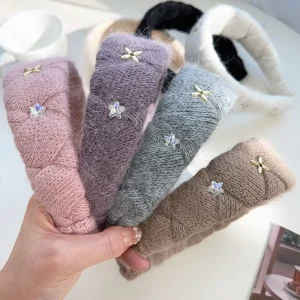 LRTOU Women Fashion Wide Rhinestone Headband Knitted Wool Wrinkle Hairband Vintage Style Hair Accessories for Women