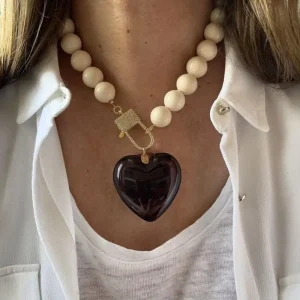 LS B6055 Fashionable Big Heart Necklace Crystal Pendant Beige Ceramics Chain Necklace Jewelry Nice Clasp Necklace Fashion