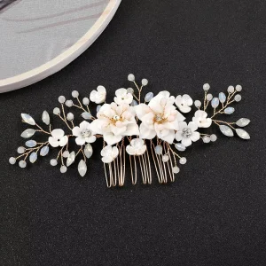 LUOXIN Elegant Opal Crystal Wedding Hairr Accessories Rhinestone Pearls Ceramic Flower Bridal Hair Comb