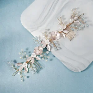 LUOXIN Elegant Romantic Handmade Hair Accessories Pretty Metal Flowers Rhinestones Pearls Bridal Hair Comb