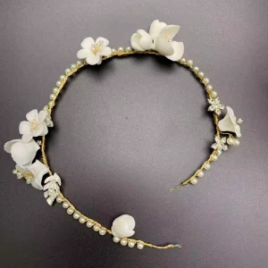 LUOXIN Fashion Bridal Clay Flower Headband Wedding Hair Pearl Jewelry Women Hairband for Anniversary