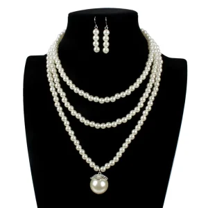 LUOXIN Hot Selling Three Layer Pearl Necklace Earring Jewelry Set for Women