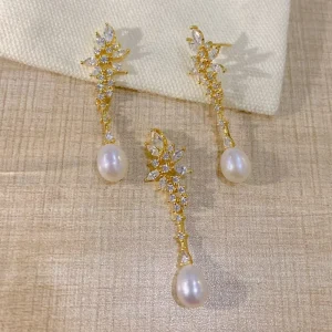 LUOXIN Wedding Fashion Designer Freshwater Pearl Gold Plated Pendant Earring and Necklace Bridal Pearl Jewelry Set