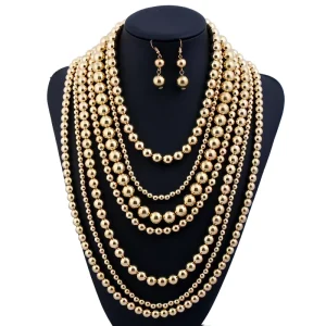 LYX012 Fashion Pearls Jewelry Set Women Multi Layer Pearls Necklace Earrings Set