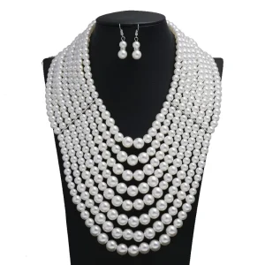 LYX280 Fashion Pearls Jewelry Set Women Multi Layer Pearls Necklace Earrings Set