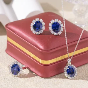 Lab Grown Blue Sapphire Pendant Set 18K Gold Plated Simulated Diamond Halo Romantic Wedding Fashion Jewelry Women