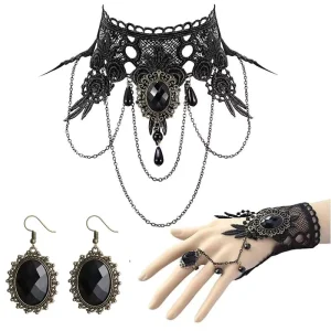 Lace Necklaces Earrings and Rings Set Halloween Makeup Dance Party Accessories for Nightclubs Fashion Jewelry
