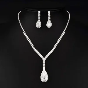Ladies Classic Style Fashion Jewelry Set Glamour Rhinestone Pave Pendant Necklace Drop Earrings Claw Setting Inlay Main Brass