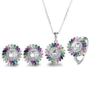Ladies Jewelry Set Colorful Gems Neckchain Pendant Earring Ring Wedding Gift