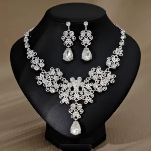 Ladies Luxury Crystal Rhinestone Geometric Shape Necklace Earrings Fashion Jewelry Sets Engagement Wedding Party Silver