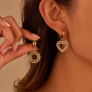 Ladies PVD 18K Plated Stainless Steel Waterproof Color Preserving Heart Shaped Shining Zircon Pendant Earrings