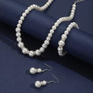 Ladies Pearl Necklace Earrings and Bracelet Jewelry Set for Women