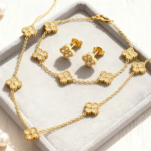 Ladies Stainless Steel Diamond Fashion Jewelry Set Four Flower Necklace, Earrings and Bracelet