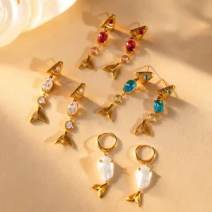 Ladies’ Stainless Steel Gold Plated Fish Tail Low Sensitivity Waterproof Zircon Earrings Suitable for Party and Festival Gifts