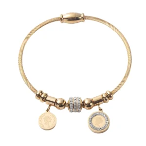 Ladies Trendy Silver Gold Plating Women’s Fashion Wire Bracelet Stainless Steel Round Charm Bangle Jewelry with Rhinestone