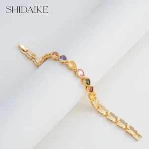 Ladies Unique Geometric Princess Cut Zircon 18K Gold Plated Brass Trendy Party Fashion Tennis Bracelet Copper Jewelry Multi
