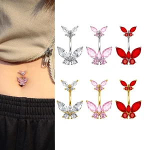 Lady Double Diamond Zircon Butterfly Surgical Stainless Steel Navel Piercing Jewelry Navel Ring Body Piercing Jewelry