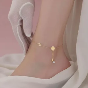 Lady Four Leaf Clover Anklet Stainless Steel Tassel Titanium Steel Anklet Does Fade Fashion Jewelry Anklets