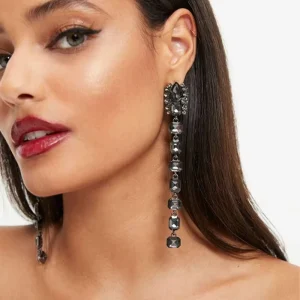 Lady’s Square Black Crystal Drop Earrings Gold Plating Long Tassel Geometric Dangle Statement Alloy for Women
