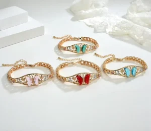 Laminated Gold Tricolor Rose Flower Butterfly Bracelet Jewelry Luxury Crystal Zircon Women’s Accessories