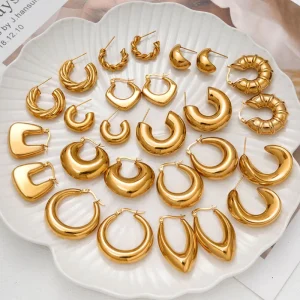 Large Gold Plated Ribbed Texture Stud Stainless Steel Drop Earrings Non-Tarnish Vintage Style