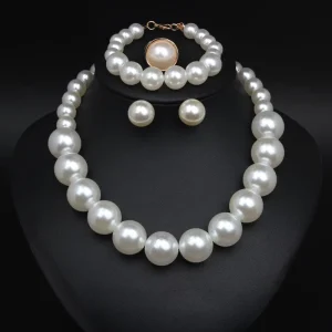 Large Pearl Women’s Wedding Party Jewelry Set Classic Imitation Pearl Rings Earrings Bracelet Necklace Set