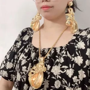 Large Size Flower Earrings Pendant Necklace Gold Plated Jewelry Set for Women Party Daily Bold Accessories