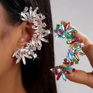 Large Statement Exaggerated Women Rainbow Silver Zircon Leaf Earring Crystal Diamond Clip On Stud Earring Fashion Jewelry