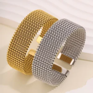 Large Wide Strand Stainless Steel 18K Gold Plated Waterproof Men’s Fashion Braided Bangle
