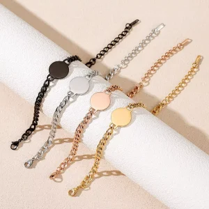 Laser Engraving Custom Charm Bracelet Stainless Steel Blank Round Pendant Cuban Chain Bracelet