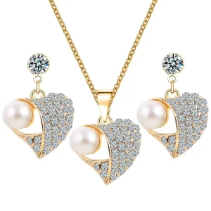 Latest Design Women Jewelry and Accessories Fashion Earrings Necklace Wedding Bride Heart Shape Pearl Diamond Jewelry Set