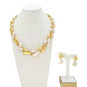 Latest Gold Plated 2Pcs Jewelry Set White Enamel Twisted Ribbon Necklace Earrings for Women Wedding Party