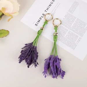 Lavender Bag Charm PU Leather Keychain Botanical Leaf Cluster Pendant Decoration for Boho Tote Large Suede Shoulder Bag