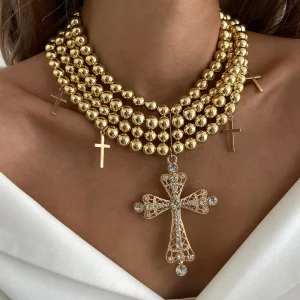 Layered Cross Pendant Necklace Gold Plated Jewelry Gift for Women Trendy Fashion Jewelry Necklaces