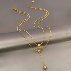 Layered Golden Small Bean shaped Pendant Minimalist Fashion Stainless Steel Double layer Necklace for Women Gold Beads Necklace