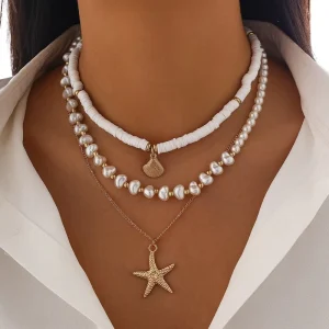 Layered Necklace Beach Style with Soft Pottery Imitation Pearl Irregular Crushed Stone Shells Starfish Beads