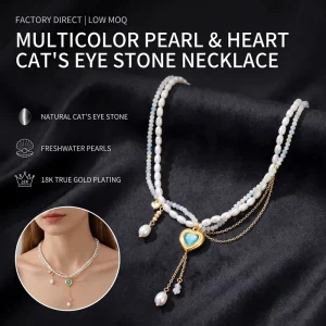 Layered Necklace Cat’s Eye Heart Trending Non Tarnish 18K Gold Plated Stainless Steel Low MOQ Pearl Wedding Jewelry