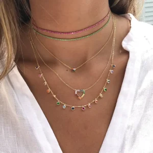 Layered Necklace Thin Small Tennis Cz Chain Choker 3 Colors Gold Plated Fashion Women Jewelry