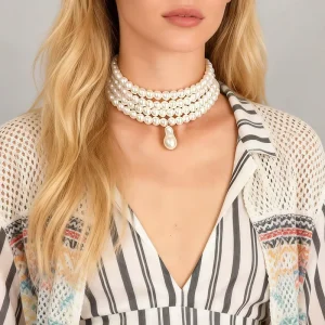 Layered Round Pearl Beaded Chain with Pendant Choker Necklace for Women Fashion Beaded Collar Accessories Trendy Jewelry