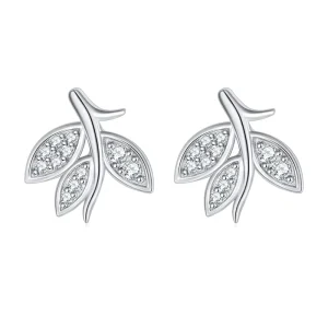 Leaf Design Brilliant Cut Stud Earrings BulK Bling 925 Silver Fashion Women Zircon Rhodium Plated Claw Setting