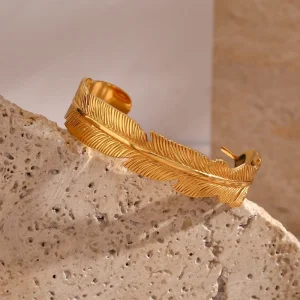 Leaf-Shaped Bracelet Stainless Steel 18K Gold Plated Waterproof Open Bracelet for Party