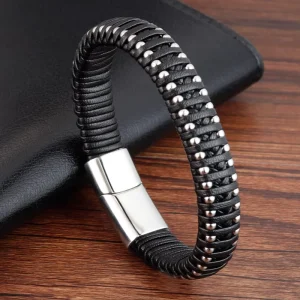 Leather Bracelet Hand woven Bangle with Chain Genuine Leather Braided Men’s Vintage Stainless Steel L19145