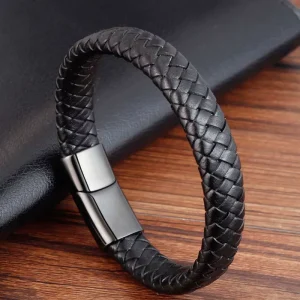 Leather Rope Bracelet Stainless Steel Braided Genuine Leather Black Bangle Men’s Cowhide Jewelry L19125