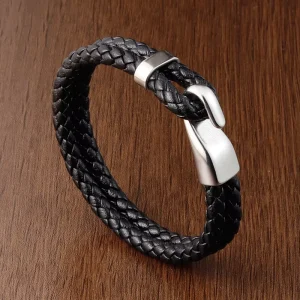 Leather Rope Bracelet Stainless Steel Braided Leather Bangle Genuine Bracelet for Men Cowhide Jewelry L20144
