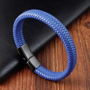 Leather Rope Bracelet Stainless Steel Men’s Blue Braided Genuine Leather Minimalist Wristband Jewelry L20154