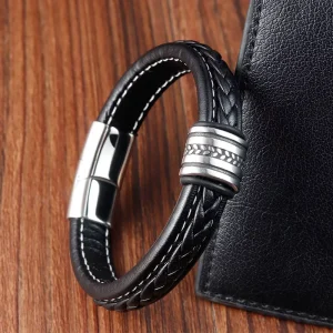 Leather Rope Bracelet Stainless Steel Woven Vintage Men’s